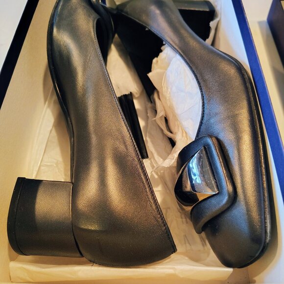 Stuart Weitzman Black Square Toe Pumps - Large Decorative Buckle - Picture 4 of 9